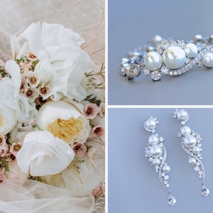 Pearl Bridal Jewelry Set,  Earrings & Bracelet Set, Bridal Jewelry Set, Silver Wedding Jewelry Set, TILLY