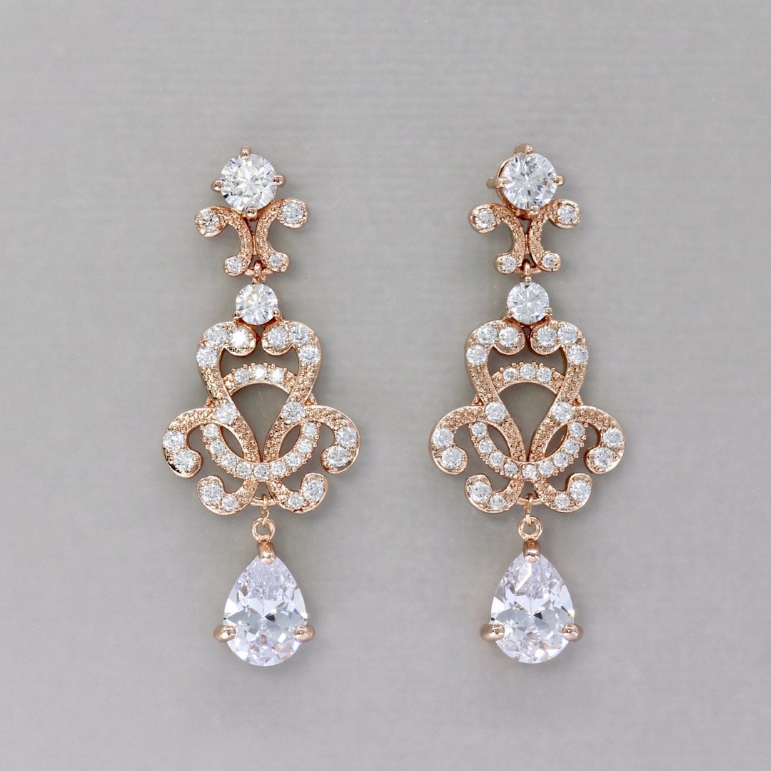 Rose Gold Crystal Earrings Gold Crystal Earrings Chandelier - Etsy
