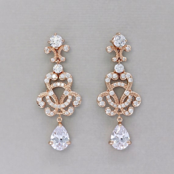 Rose Gold Crystal Earrings Chandelier Vintage Wedding Jewelry Celine C Rose Gold Crystal Earrings, Long Chandelier Style Earrings Rose Gold