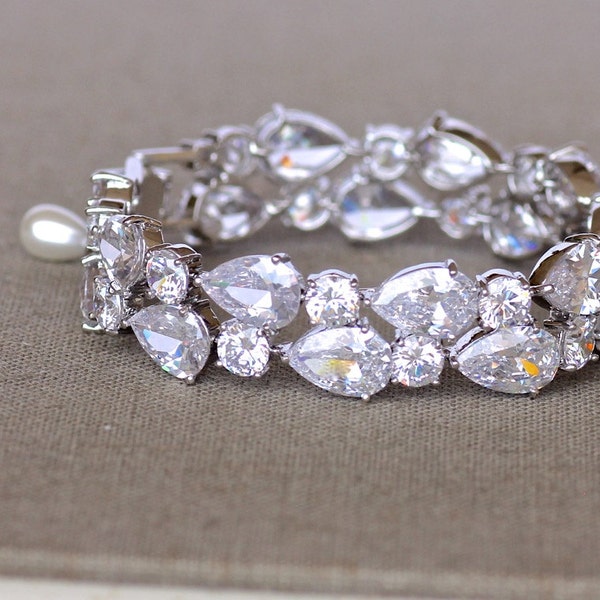 Crystal Cuff, Silver Wedding Cuff Bracelet, Crystal Teardrop Bracelet, Wide Cuff Bracelet, Chunky Crystal Bracelet,  TESSA S