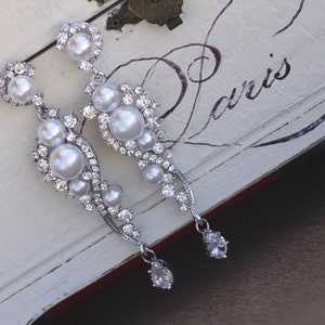 Pearl Bridal Earrings, Crystal and Pearl Dangle Earrings, Chandelier Earrings, Silver & Pearl Wedding Earrings, TILLY