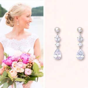 Crystal Pearl Teardrop Bridal Earrings, Marquise Crystal Drop Earrings, White Gold Crystal Wedding Earrings, Bridal Earrings, ASHLEY PP
