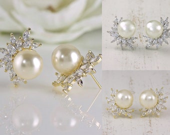 Pearl & Crystal Cluster Earrings, Statement Marquise Stud Bridal Earrings, Wedding Jewelry, MARCIA