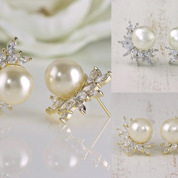 Pearl & Crystal Cluster Earrings, Statement Marquise Stud Bridal Earrings, Wedding Jewelry, MARCIA