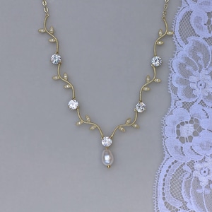 Gold Necklace, Gold Bridal Necklace, Crystal Wedding Necklace, Gold Bridal Jewelry, Pearl Drop Necklace, Gold Bridesmaid Necklace, VINE 2G