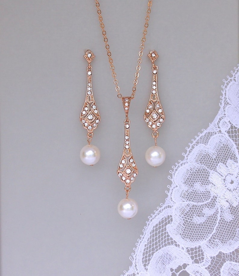 Rose Gold Pearl Jewelry Set Rose Gold Earrings and Necklace Etsy