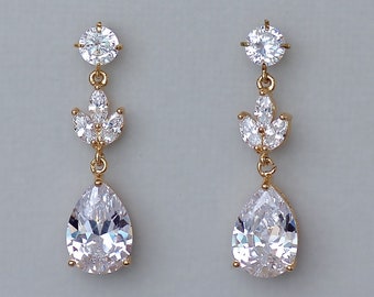 Gold Bridal Earrings, Gold Drop Earrings, Crystal Wedding Earrings, Cystal Earrings, Gold Bridal Jewelry,  HAYLEY II