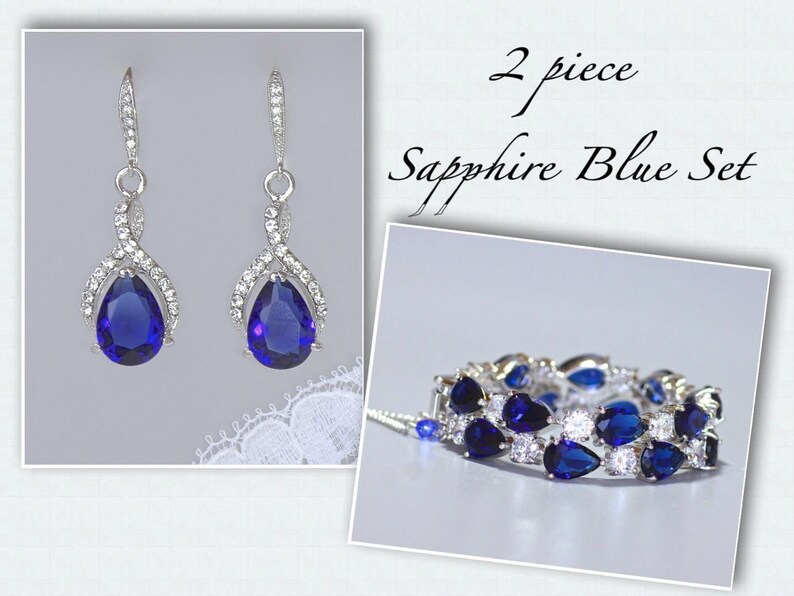 Sapphire Blue Jewelry Set Teardrop Earring /& Bracelet Set TESSARIBBON Sapphire Bridal Set