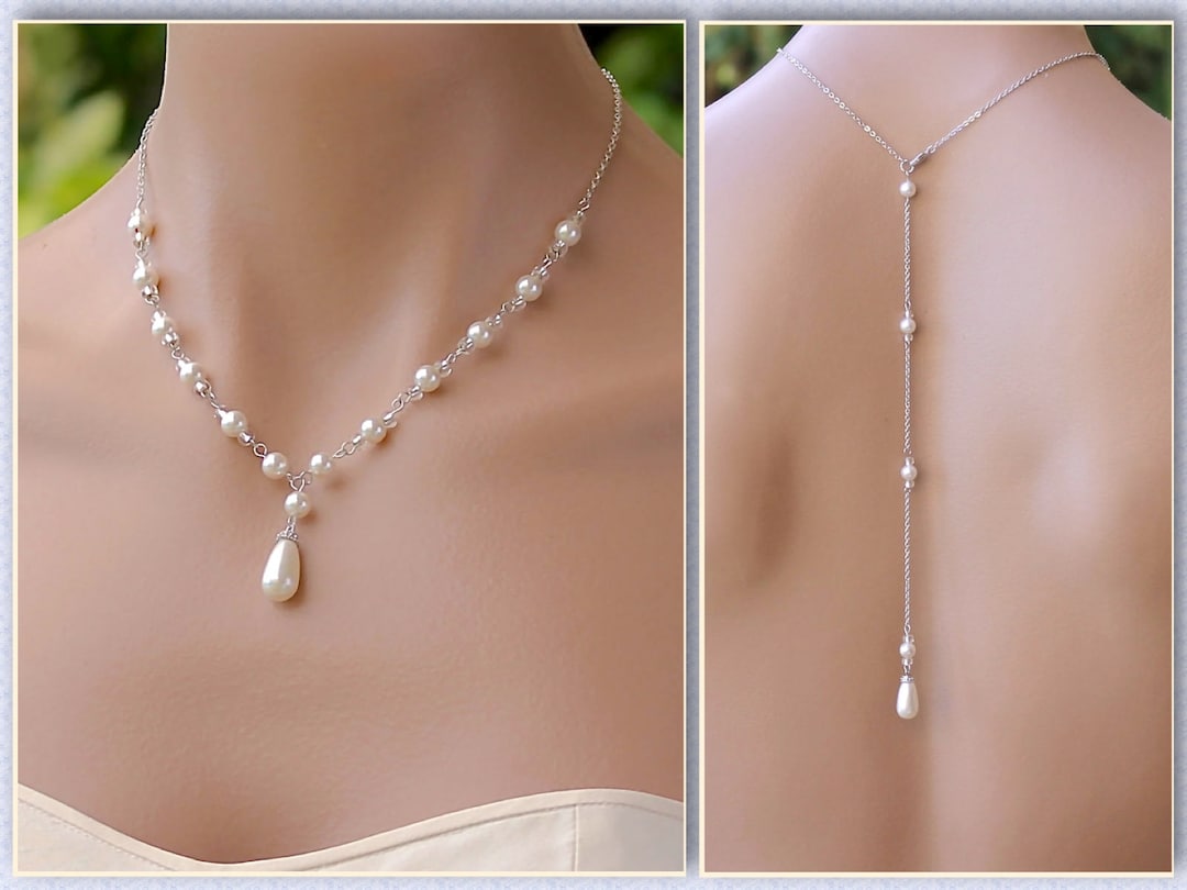 Teardrop Pearl Back Drop Lariat Bridal Necklace gold or silver chain