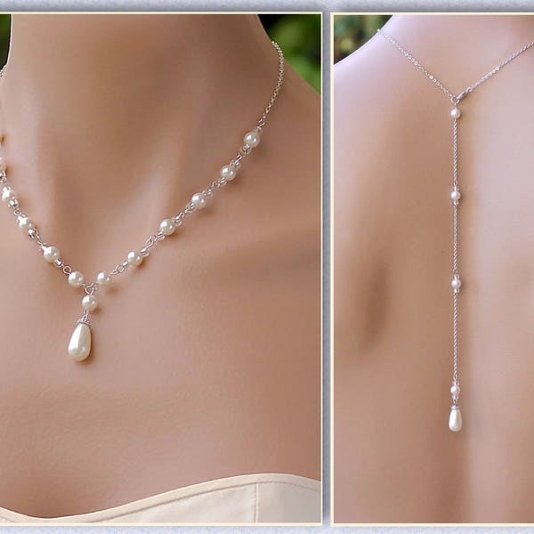 Hintergrund-Halskette, Perlen-Rücken-Tropfen-Halskette, Perlen-Braut-Halskette, Rück-Tropfen-Option, VANESSA