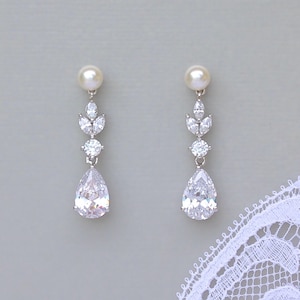 Crystal Pearl Teardrop Bridal Earrings, Marquise Crystal Drop Earrings, White Gold Crystal Wedding Earrings, ASHLEY PP image 3