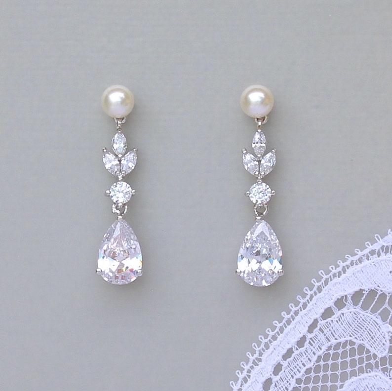 Crystal Pearl Teardrop Bridal Earrings, Marquise Crystal Drop Earrings, White Gold Crystal Wedding Earrings, ASHLEY PP image 3