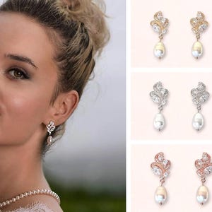 Gold Crystal Earrings, Crystal Bridal Earrings, Bridal Stud Earrings, Pearl Drop Earrings, Bridal Jewelry, Pearl  Wedding Earrings, FLEUR G