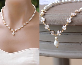 Crystal and Pearl Gold Necklace, Gold Bridal Necklace, Crystal Bridal Jewelry, Pearl Wedding Necklace, HAYLEY III G