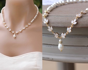 Crystal and Pearl Gold Necklace, Gold Bridal Necklace, Crystal Bridal Jewelry, Pearl Wedding Necklace, HAYLEY III G