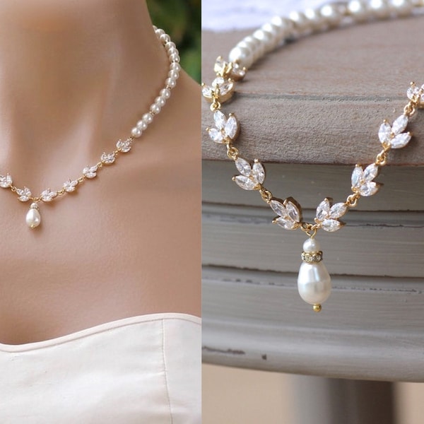 Crystal and Pearl Gold Necklace, Gold Bridal Necklace, Crystal Bridal Jewelry, Pearl Wedding Necklace, HAYLEY III G