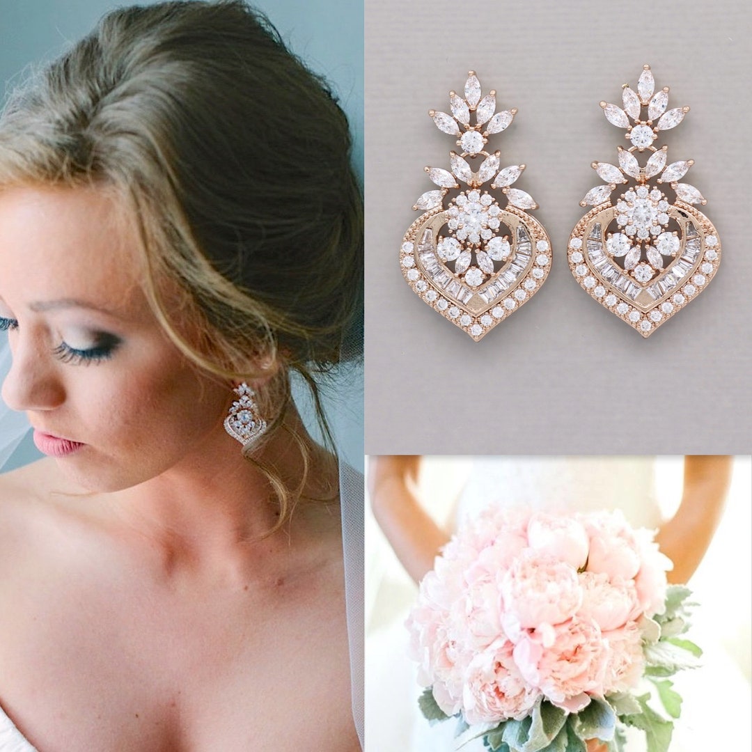 Buy Rose Gold Crystal Bridal Earrings, Marquise CZ Statement Wedding ...