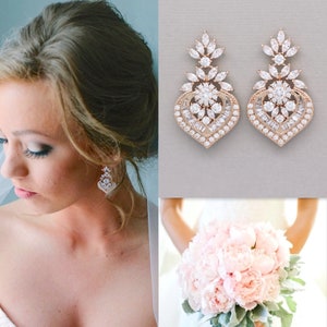 Rose Gold Crystal Bridal Earrings, Marquise CZ Statement Wedding Jewelry Rose Gold,  Taylor RGC