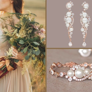 Rose Gold Bridal Set, Rose Gold Earrings & Bracelet Set, Pearl Bridal Set, Rose Gold Wedding Jewelry Set, Wedding Jewelry Set, TILLY