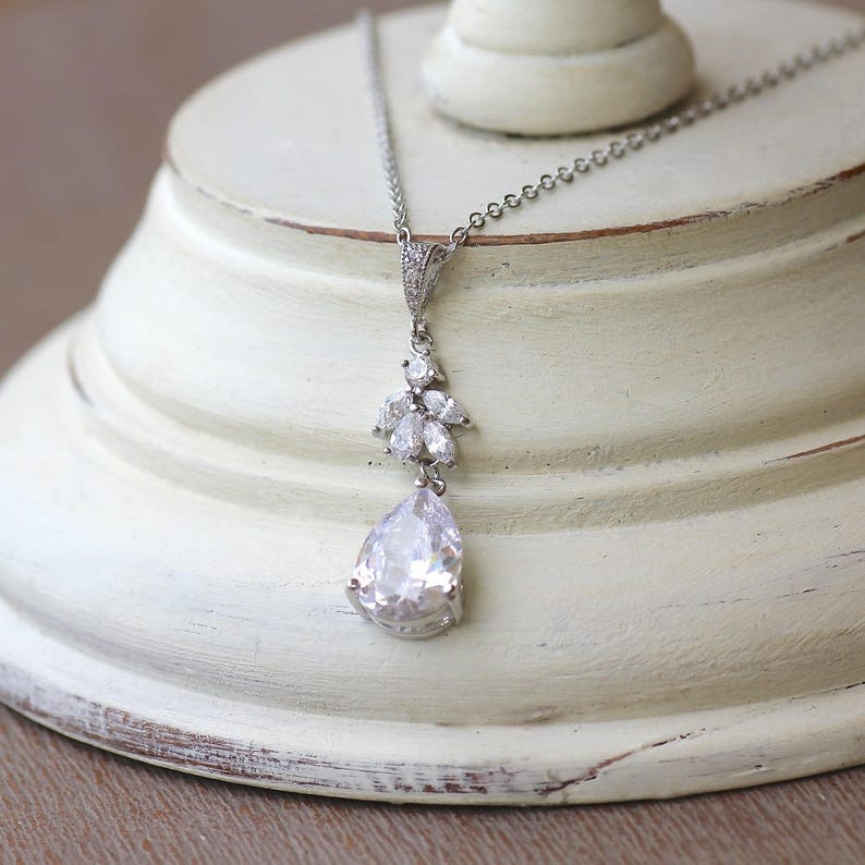 Crystal Bridal Necklace Silver Teardrop Wedding Necklace Etsy
