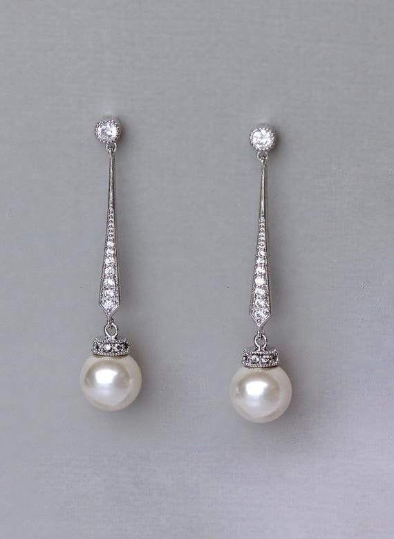 Pearl Dangle Earrings White Gold Pearl Drop Earrings Crystal 