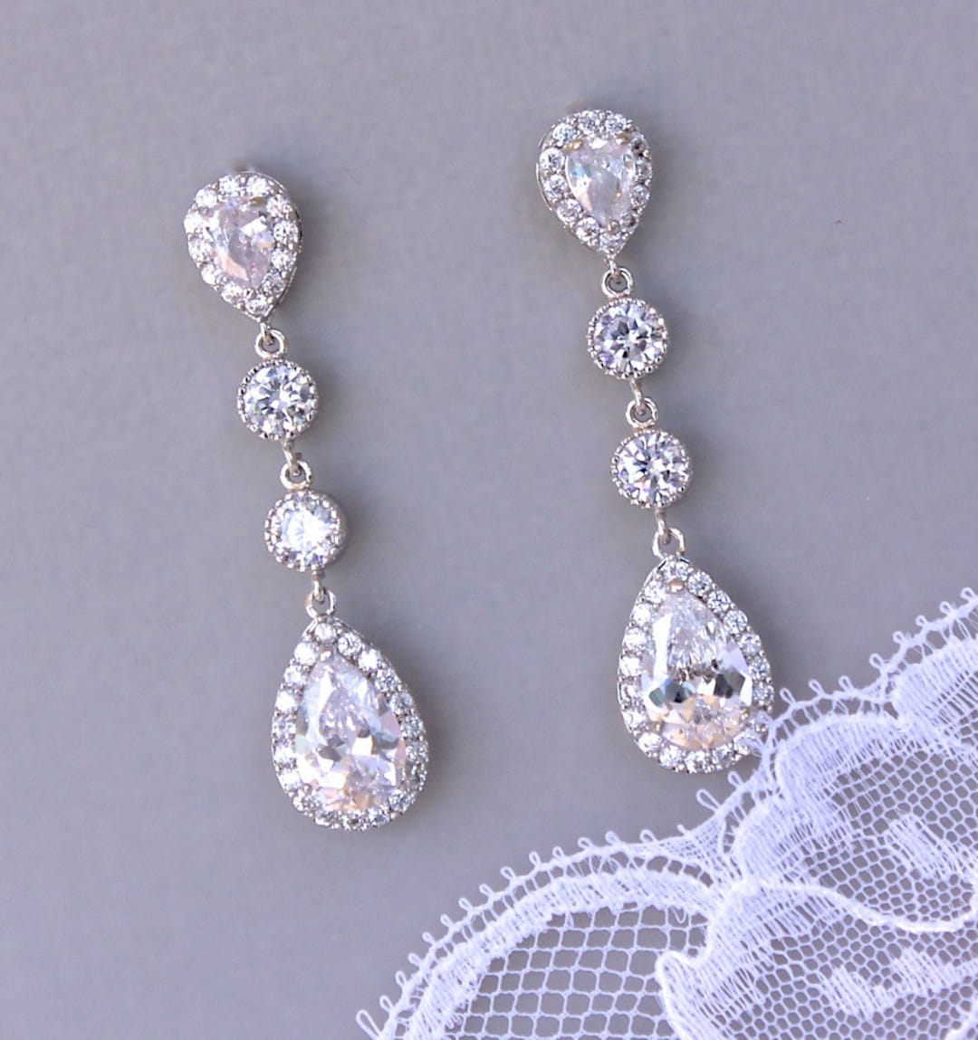 Crystal Teardrop Bridal Earrings Long Drop Silver Tone - Etsy