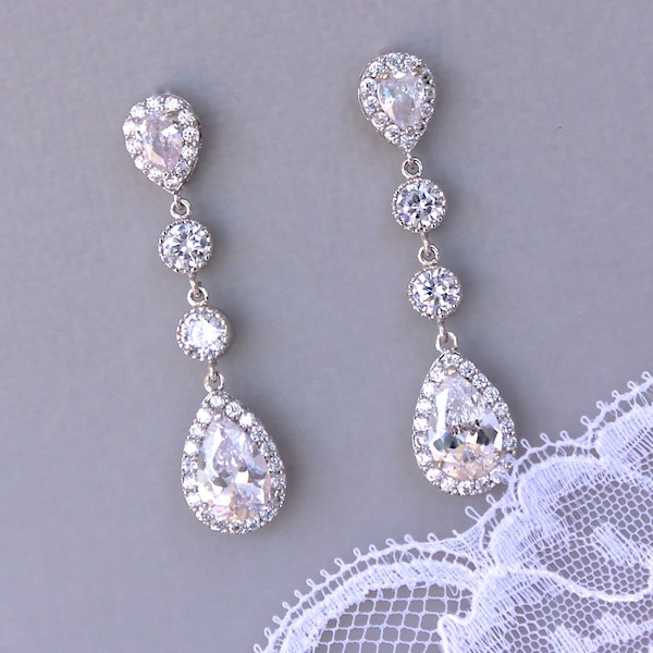 Cubes de zirconium Boucles d'oreilles de mariée, boucles d'oreilles en forme de larme en cristal de mariage, bijoux de mariée