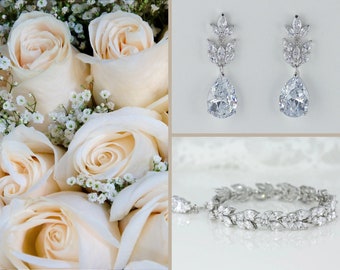Conjunto de joyería nupcial, conjunto de pendientes y pulsera de cristal, conjunto de joyería de oro blanco, conjunto de boda de cristal, SANDRA/CLEO