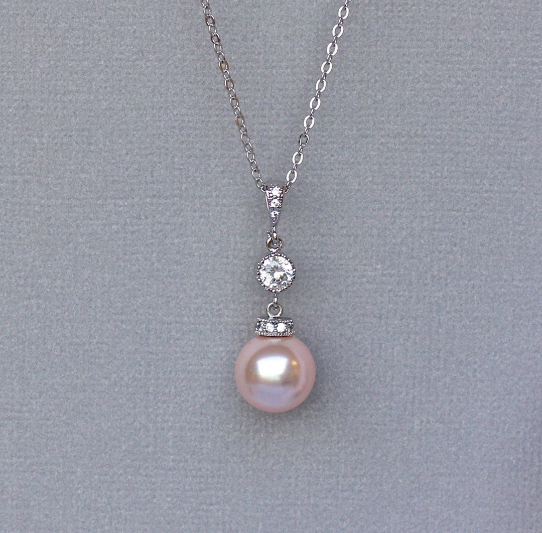 Pink Blush Pearl Necklace Pink Pearl Bridal Necklace Crystal Etsy