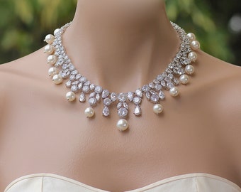 Crystal and Pearl Statement Necklace Crystal Pearl Bridal