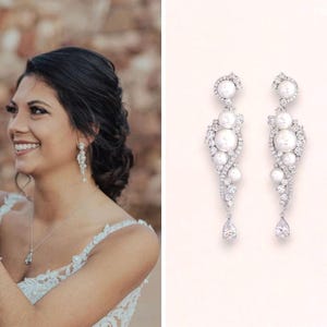 Crystal Pearl Chandelier Bridal Earrings, Bridal Earrings, Wedding Jewelry, Bride, Crystal Earrings, Long Crystal & Pearl Earrings, TILLY