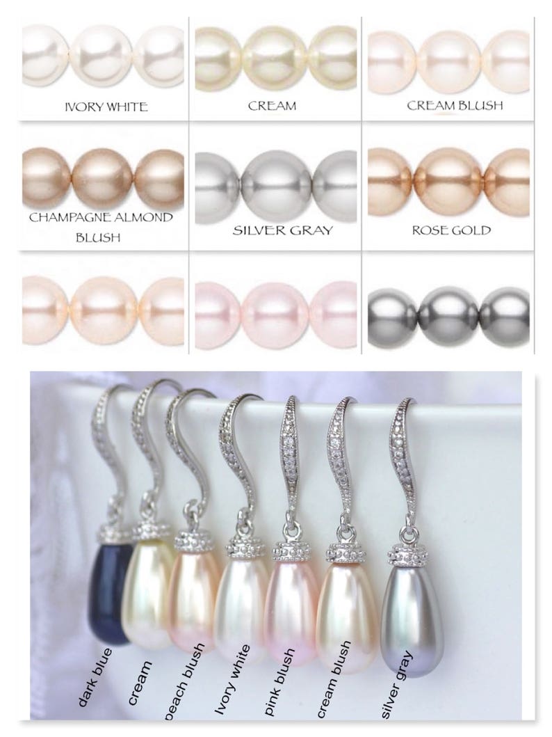 K&ouml;nnte beinhalten: Ein Set mit 10 Perlenohrringen in verschiedenen Farben, darunter Elfenbeinwei&szlig;, Creme, Creme Blush, Champagner Mandel Blush, Silbergrau, Ros&eacute;gold, Dunkelblau, Creme, Pfirsich Blush, Elfenbeinwei&szlig;, Rosa Blush, Creme Blush und Silbergrau.
