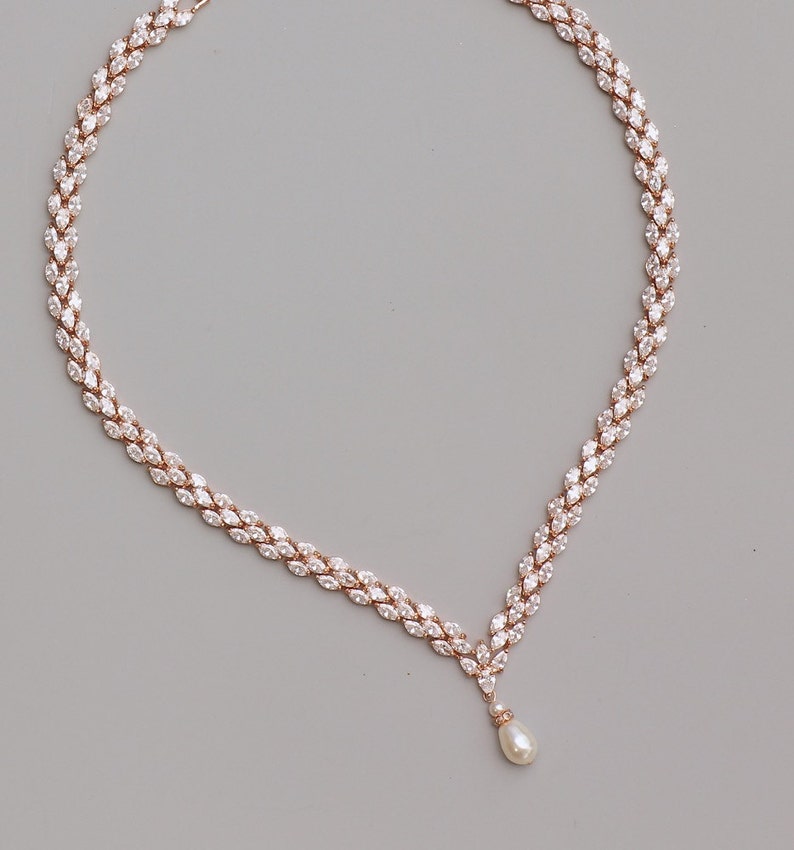 Rose Gold Crystal Necklace, Pearl Drop Crystal Necklace, Rose Gold Necklace, FELICITY RGP image 3