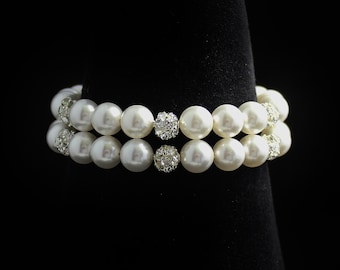 Pave Crystal and Pearl Bracelet, Ivory Pearl Bridal Bracelet, Wedding Jewelry, Bridal Jewelry, Bridesmaid Bracelet