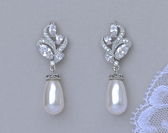 Pearl Earrings, Crystal and Pearl Drop Earrings, Pearl Bridal Wedding Earrings, FLEUR II