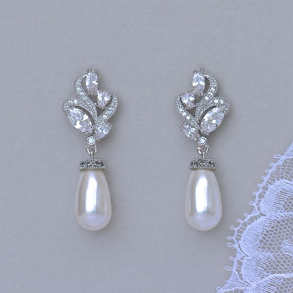 Pearl Earrings Crystal and Pearl Drop Earrings Pearl Bridal | Etsy
