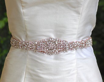 Rose Gold Sash, Full Length Bridal Sash, Blush Bridal Belt, Long Crystal Wedding Belt, Ceinture de Mariée  AMOUR RG LONG