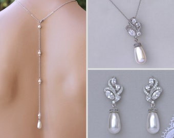 Bridal Jewelry Set, White Gold Bridal Set, Pearl Earrings & Necklace Set, Rose Gold,Gold,Rhodium Jewelry Set, FLEUR II