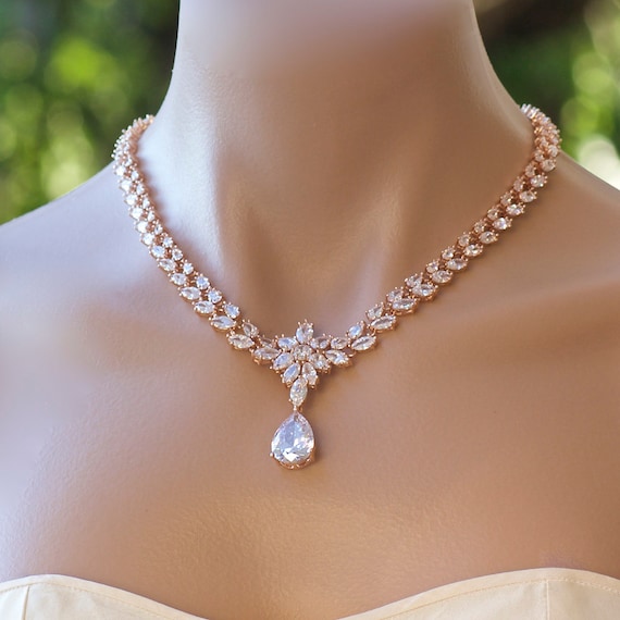 Rose Gold Necklace Rose Gold Bridal Necklace Crystal Wedding 