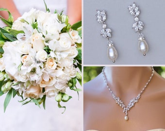 Crystal Bridal Set, Pearl Drop Set, Bridal Jewelry Set, White Gold Necklace & Earring Set, MEGHAN/ANNIE