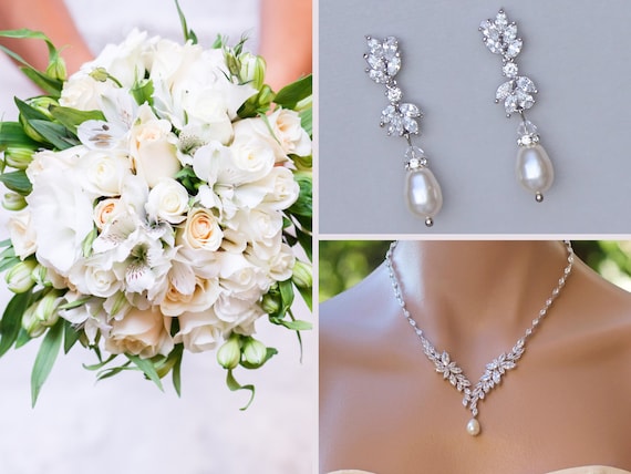 Crystal Bridal Set Pearl Drop Set Bridal Jewelry Set White Gold Necklace Earring Set MEGHAN ANNIE