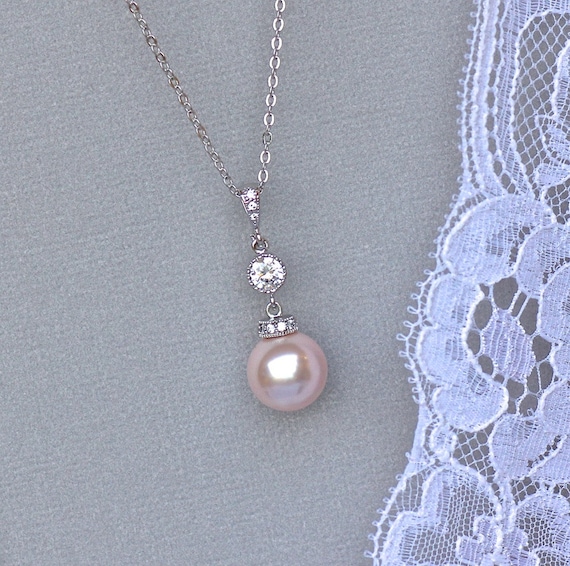 ★PEARLY MORE★ Pendant Drop Necklace 2 color Pink Blush Pearl Necklace, Pink Pearl Bridal Necklace