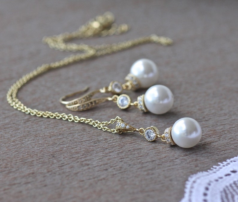 Gold Bridal Jewelry SET Pearl Necklace and Earrings SET - Etsy