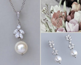 Crystal Pearl Earrings and Necklace Jewelry Set, Pearl Drop Bridal Jewelry Set, ANNIE