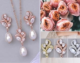 Conjunto de joyas nupciales de oro rosa, pendientes y collar de perlas, conjunto de joyas de oro rosa, oro y rodio, FLEUR RG