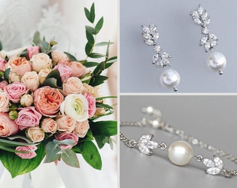 Parure de mariée bracelet de perles en cristal, boucles d'oreilles pendantes en perles, parure de bijoux de mariage, parure de bijoux de demoiselle d'honneur,