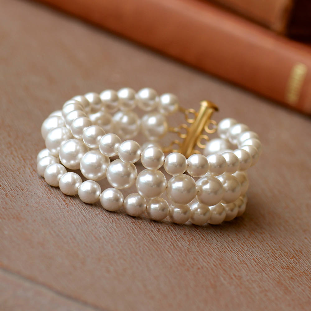 Bracelet manchette mariée 3 rangs perles Swarovski