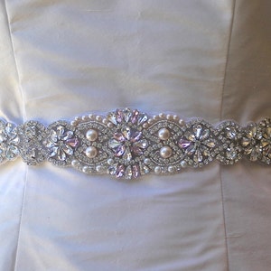 Pink Blush Crystal & Pearl Sash, Full Silver Crystal Bridal Sash, Ceinture de Mariée ALOHA Pink andPearl Silver