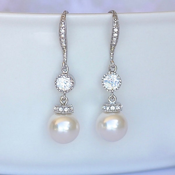 Pearl Bridal Earrings,Pearl Drop Earrings,Swarovski Pearl and Crystal Wedding Earrings, SISSY