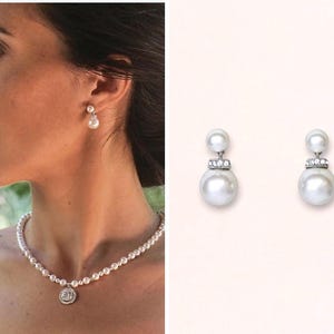 Pearl Drop Minimalist Bridal Earrings, Silver Crystal & Pearl Wedding Earrings, Pearl Bridesmaids Earrings, Rose gold/Gold AUDREY III